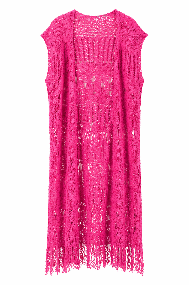 KIMONO EM MALHA ROSA COM FRANJAS PONTO CHIC