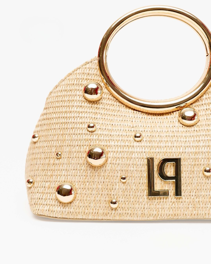 BOLSA DE MÃO EM PALHA COM PEGA DOURADA LANÇA PERFUME