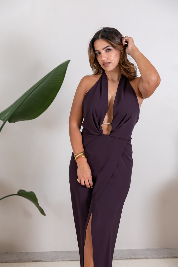 VESTIDO MIDI AMEIXA COM DECOTE PROFUNDO IMPERIAL
