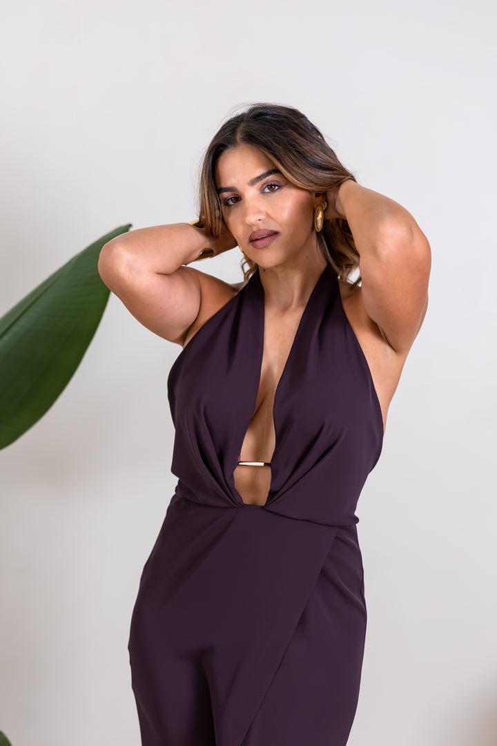 VESTIDO MIDI AMEIXA COM DECOTE PROFUNDO IMPERIAL