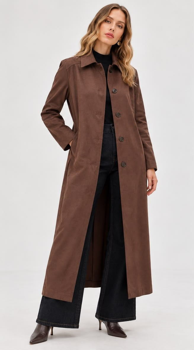 TRENCH COAT COMPRIDO CASTANHO EFEITO CAMURÇA LANÇA PERFUME
