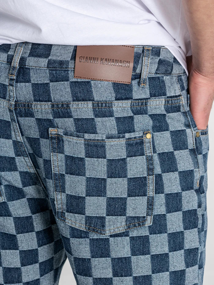 CALÇAS JEANS AZUIS PADRÃO QUADRADOS PONTO CHIC