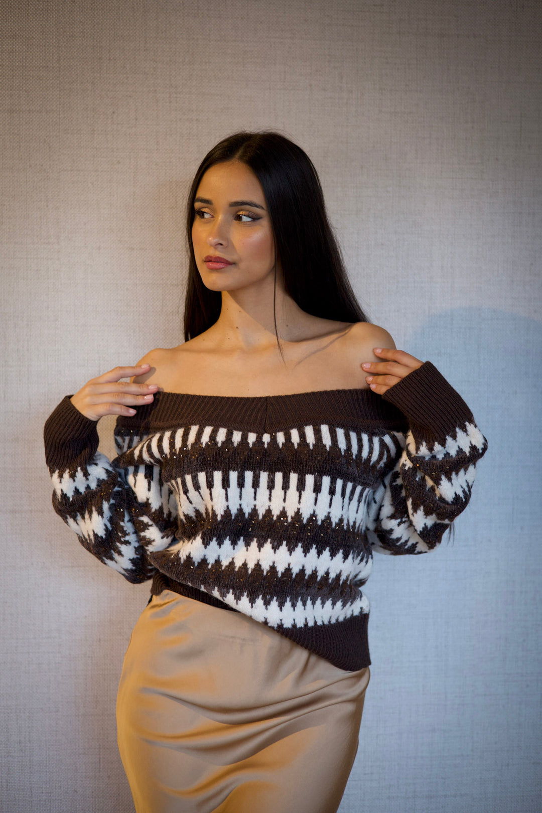 CAMISOLA MALHA CASTANHA BRANCA ZIGZAG NO SECRETS