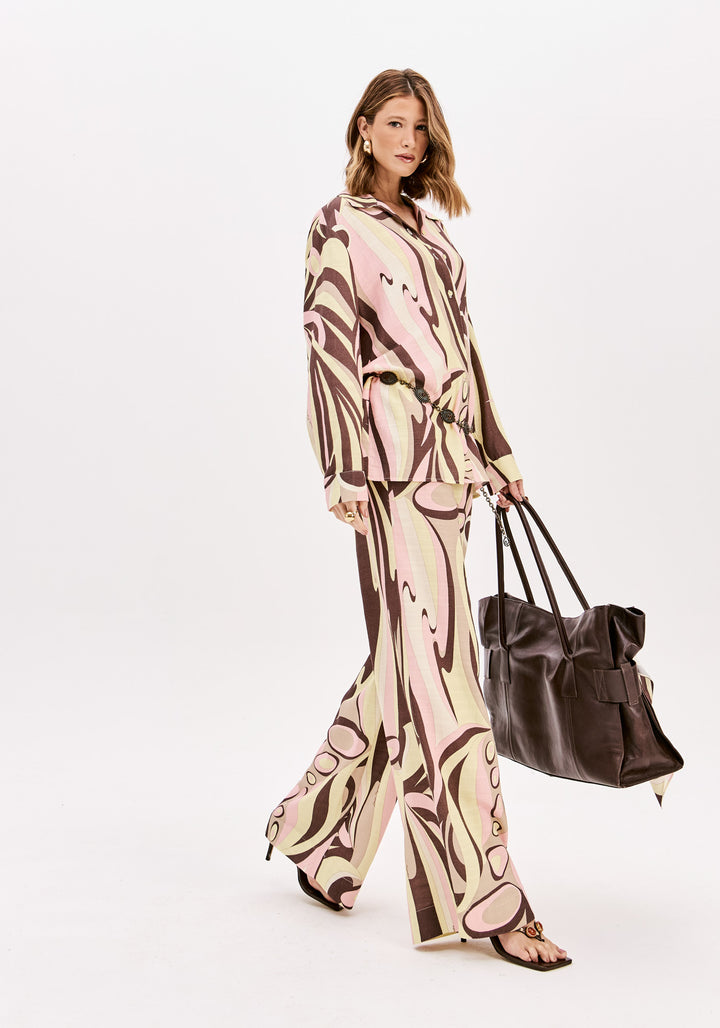 CALÇA FLUIDA ESTAMPADA ROSA E AMARELO LANÇA PERFUME