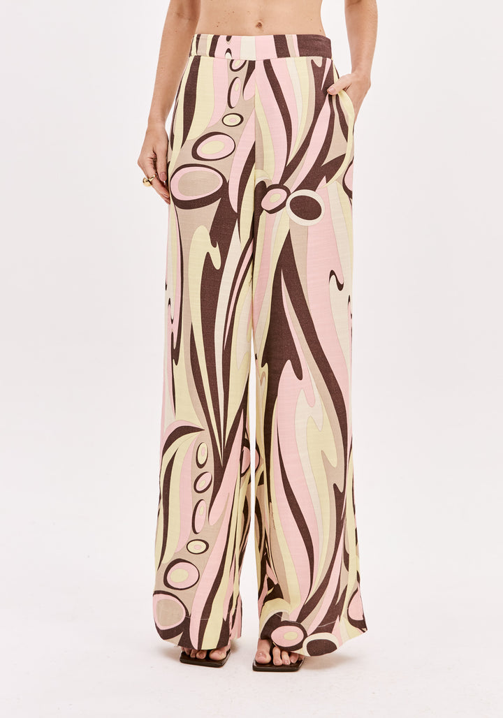 CALÇA FLUIDA ESTAMPADA ROSA E AMARELO LANÇA PERFUME