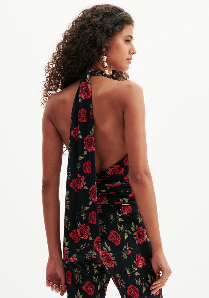 MACACÃO PRETO COM ESTAMPA ROSAS LANÇA PERFUME
