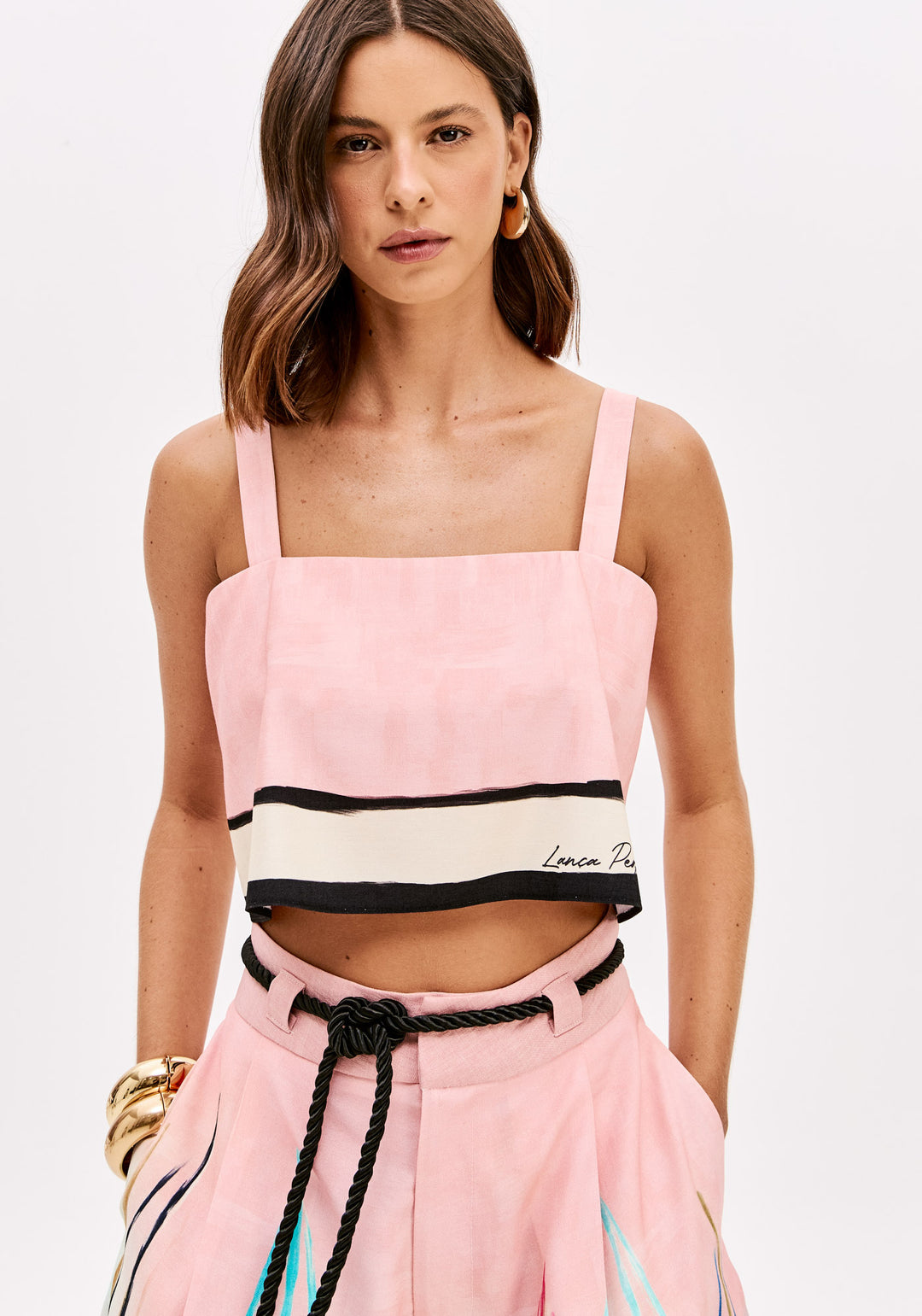 TOP CROPPED ROSA COM CONTRASTE LANÇA PERFUME