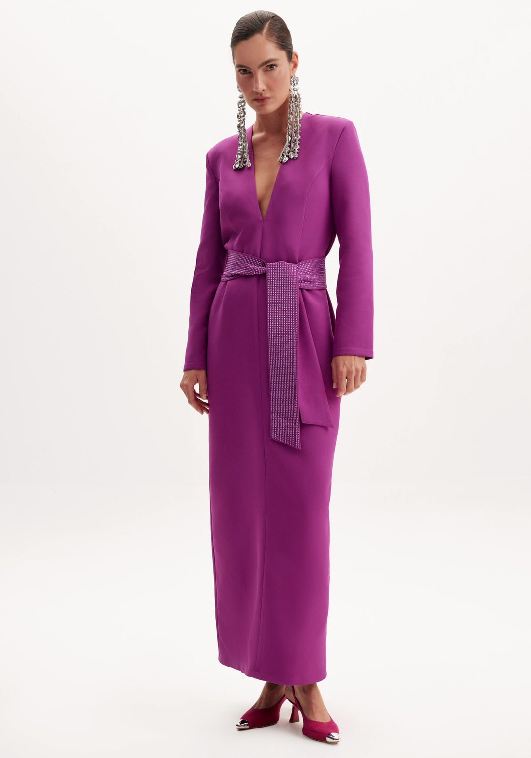 VESTIDO MIDI BERINGELA COM CINTO DE BRILHANTES LANÇA PERFUME