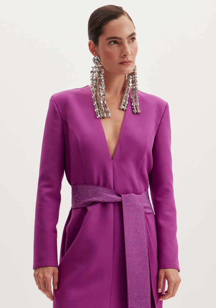 VESTIDO MIDI BERINGELA COM CINTO DE BRILHANTES LANÇA PERFUME