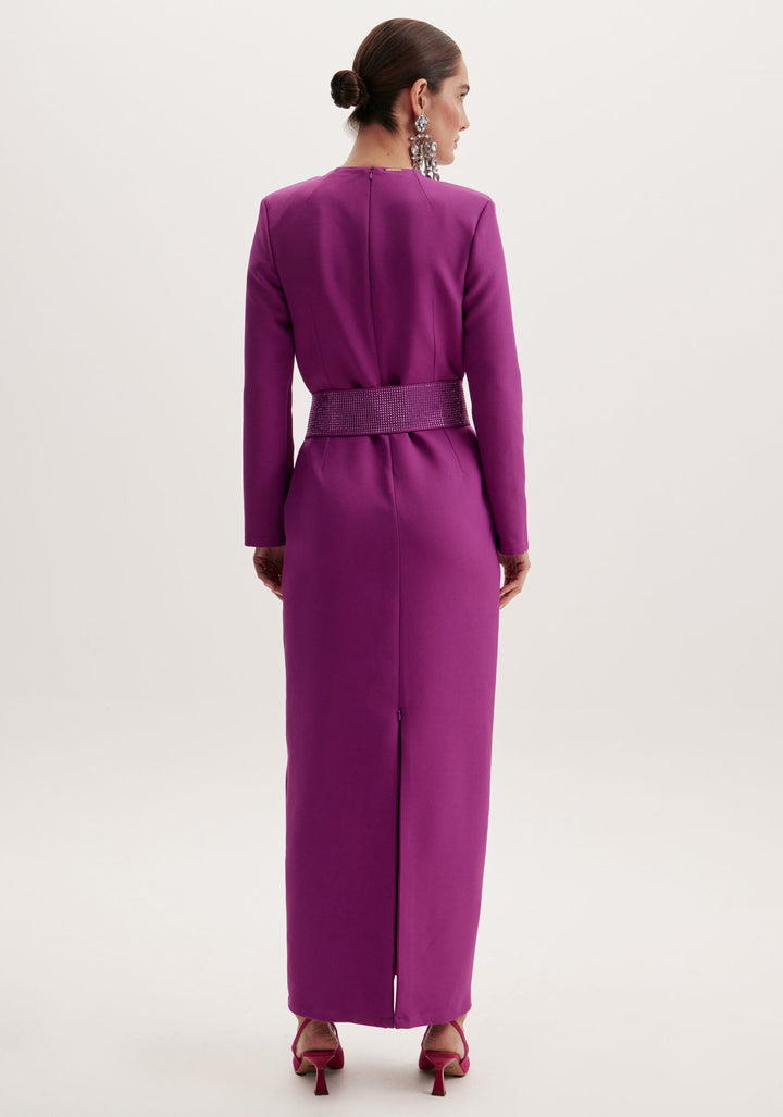 VESTIDO MIDI BERINGELA COM CINTO DE BRILHANTES LANÇA PERFUME