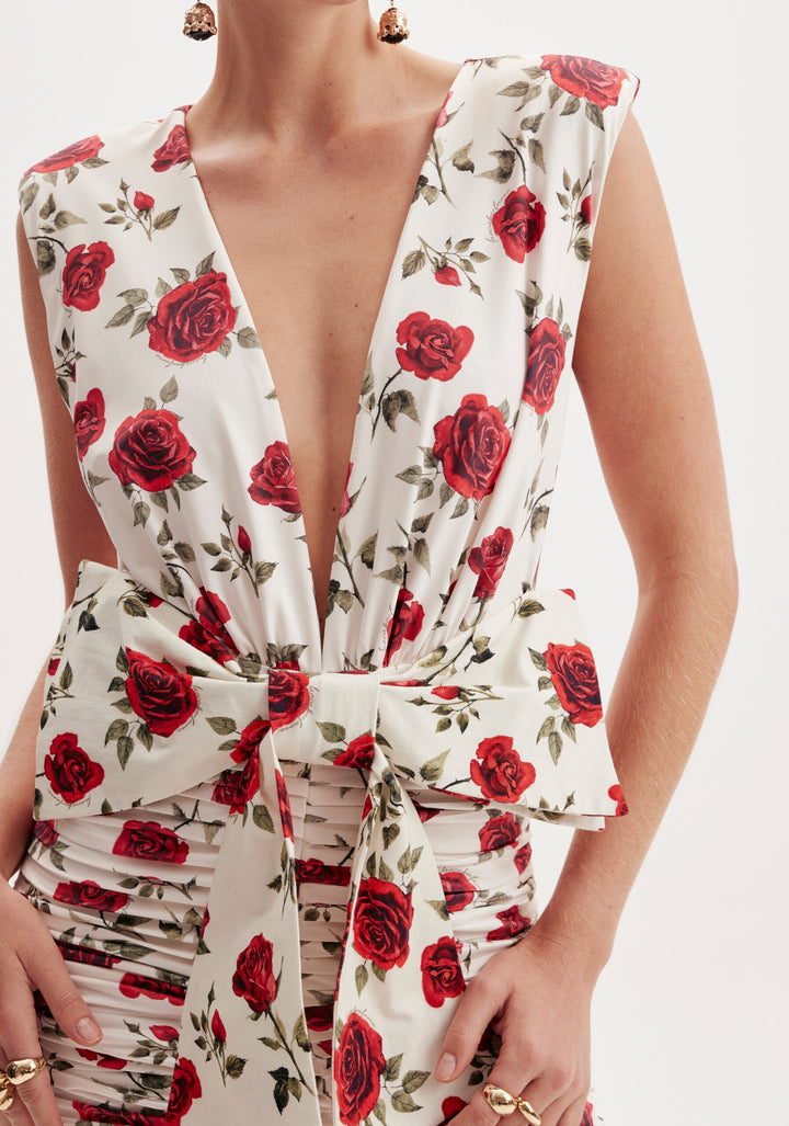 VESTIDO ESTAMPA ROSA COM LAÇO MAXI LANÇA PERFUME