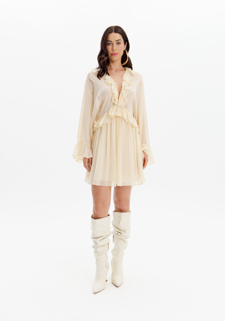 VESTIDO CREME COM FOLHOS LANÇA PERFUME