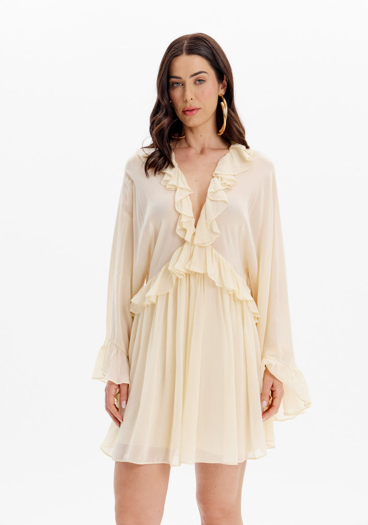 VESTIDO CREME COM FOLHOS LANÇA PERFUME