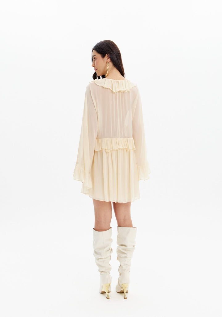 VESTIDO CREME COM FOLHOS LANÇA PERFUME