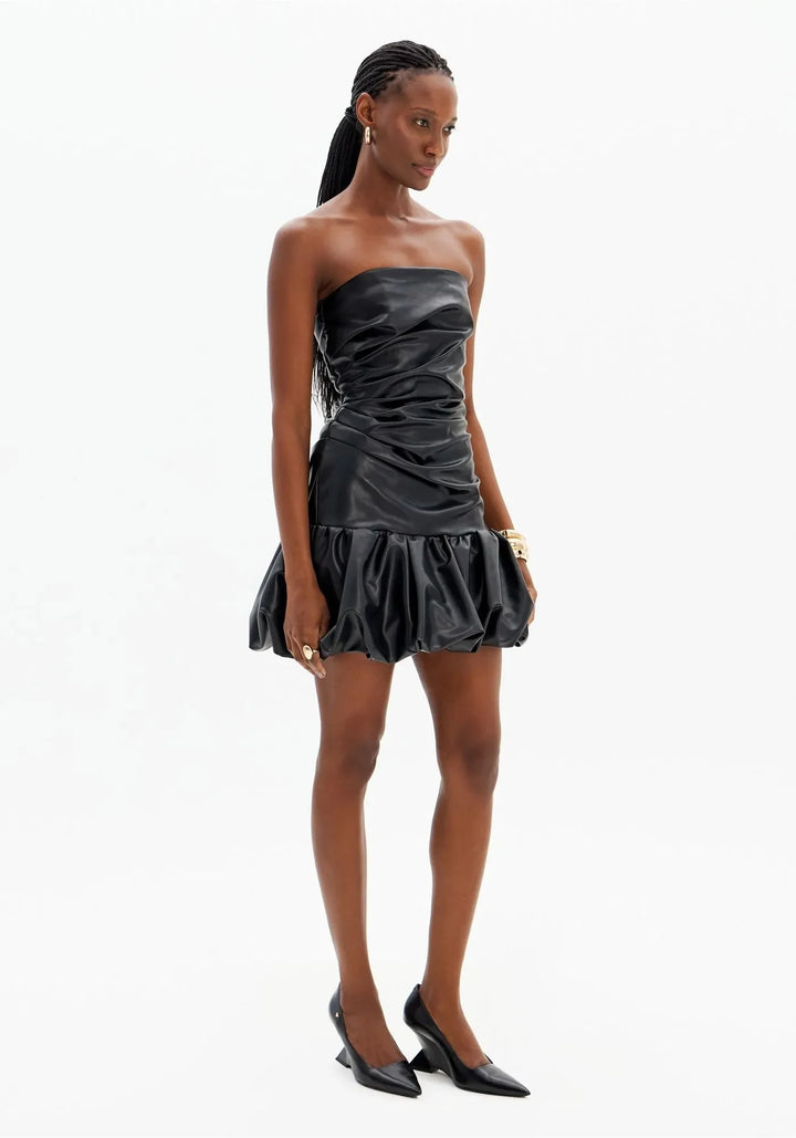 VESTIDO CURTO EM POLIPELE PRETA COM DRAPEADOS LANÇA PERFUME