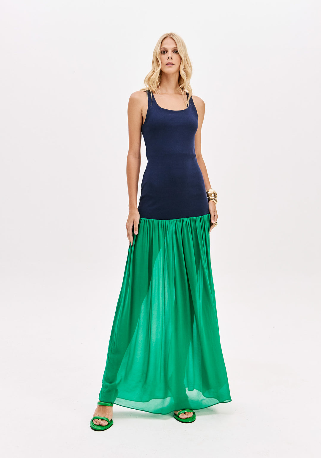 VESTIDO COMPRIDO AZUL MARINHO E VERDE LANÇA PERFUME