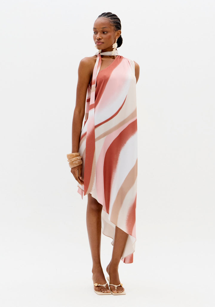 VESTIDO ROSA E CAMEL ACETINADO FLUIDO LANÇA PERFUME