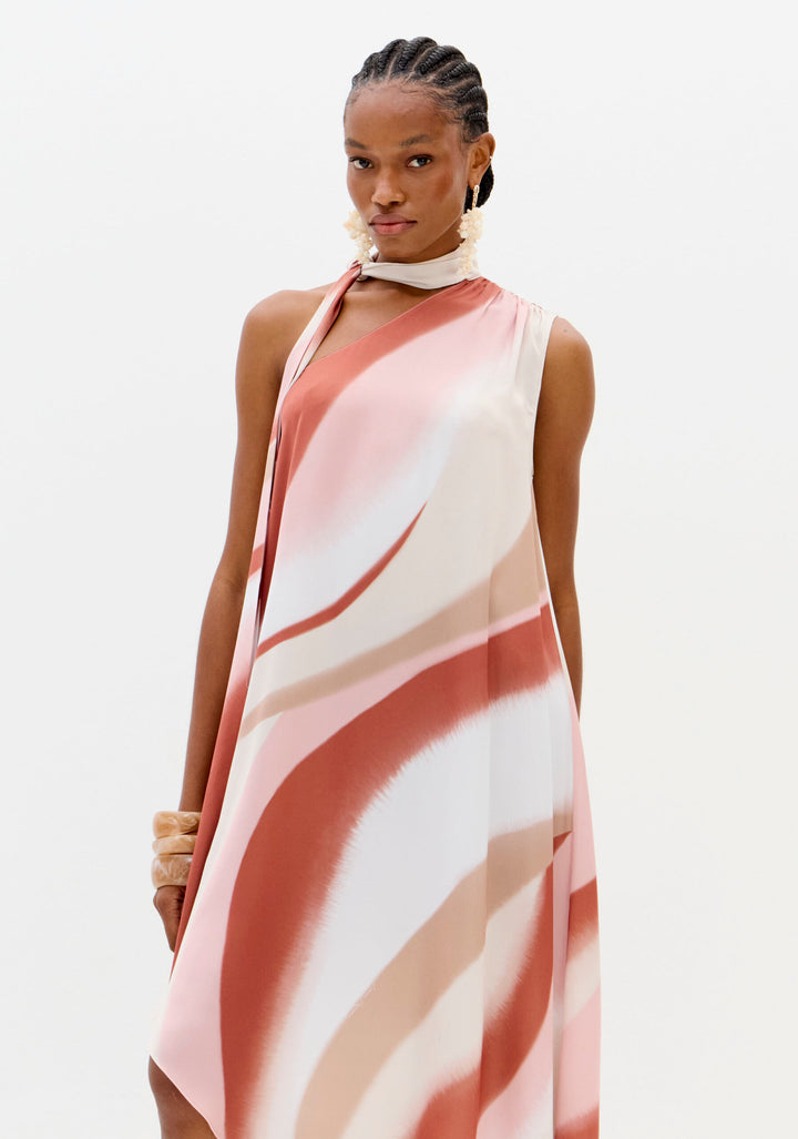 VESTIDO ROSA E CAMEL ACETINADO FLUIDO LANÇA PERFUME