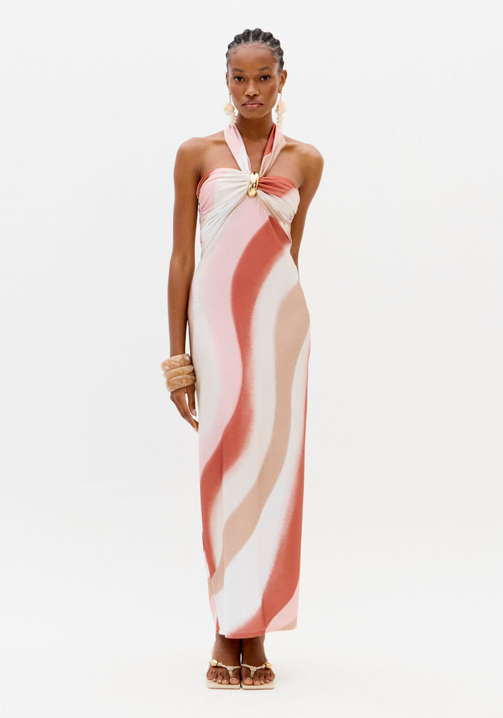 VESTIDO ROSA E CAMEL ACETINADO COM DETALHE DOURADO LANÇA PERFUME