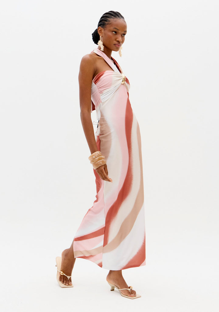 VESTIDO ROSA E CAMEL ACETINADO COM DETALHE DOURADO LANÇA PERFUME