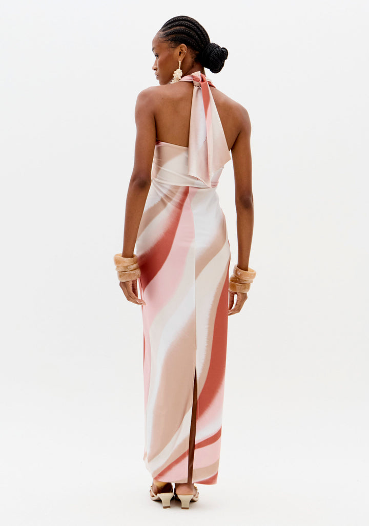 VESTIDO ROSA E CAMEL ACETINADO COM DETALHE DOURADO LANÇA PERFUME