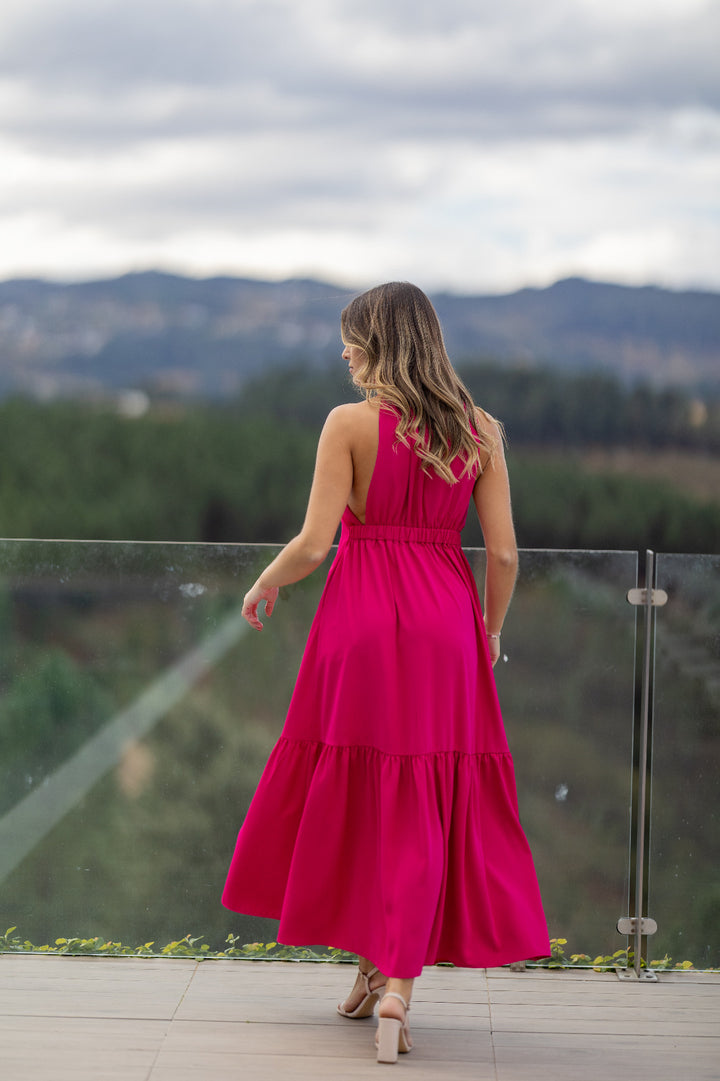 VESTIDO COMPRIDO FUCHSIA COM FOLHO PONTO CHIC