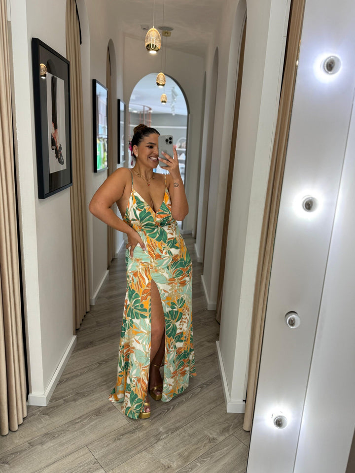 VESTIDO COMPRIDO ESTAMPADO COM RACHA PONTO CHIC