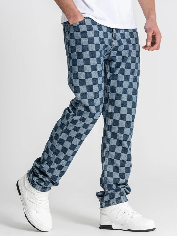 CALÇAS JEANS AZUIS PADRÃO QUADRADOS PONTO CHIC