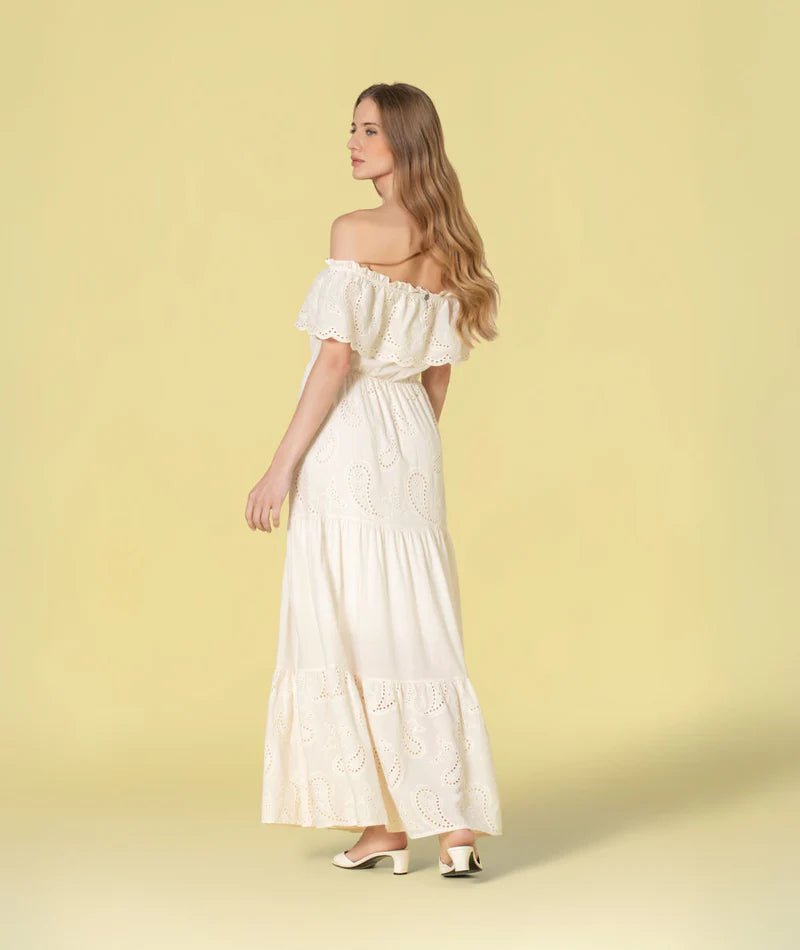 VESTIDO COMPRIDO CRU COM BORDADO INGLÊS RUGA