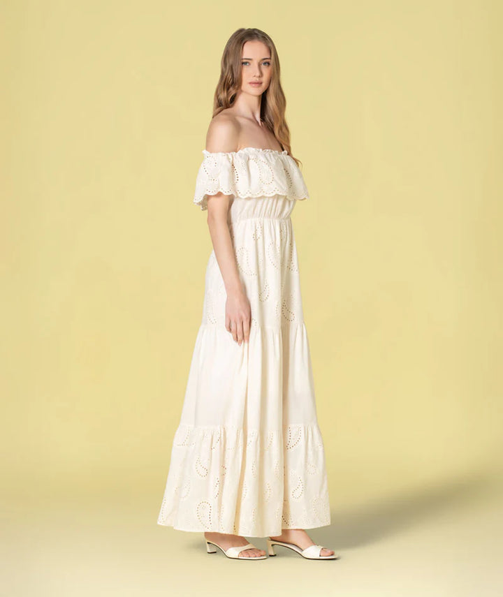 VESTIDO COMPRIDO CRU COM BORDADO INGLÊS RUGA