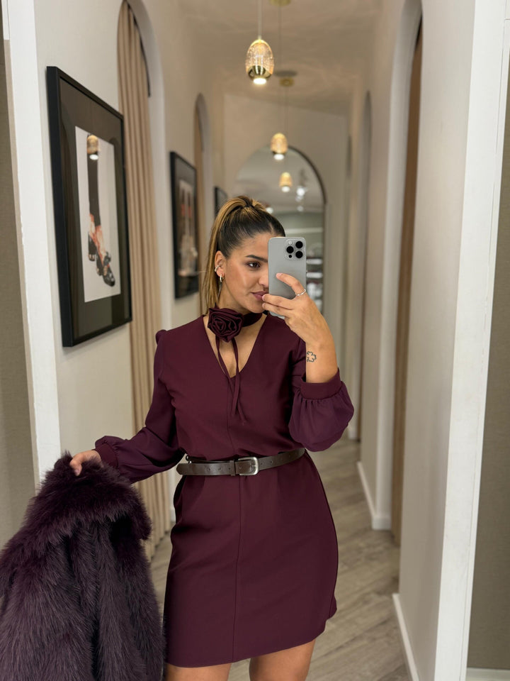 VESTIDO BORDÔ COM MANGAS TRANSPARENTES RINASCIMENTO