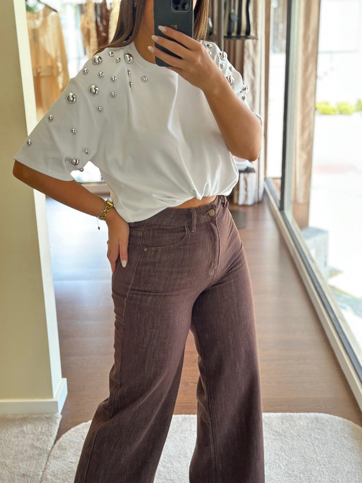 CALÇA WIDE LEG DENIM CASTANHO PONTO CHIC
