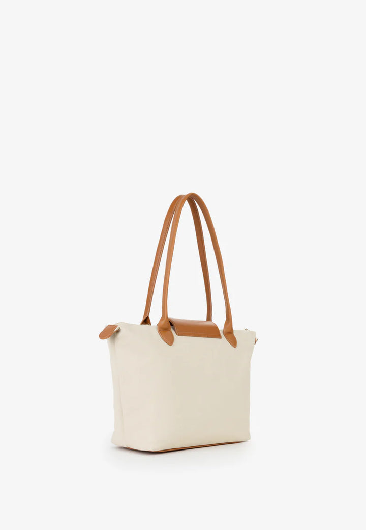 BOLSA BEGE COM MENSAGEM E DETALHES EM PELE CAMEL PONTO CHIC
