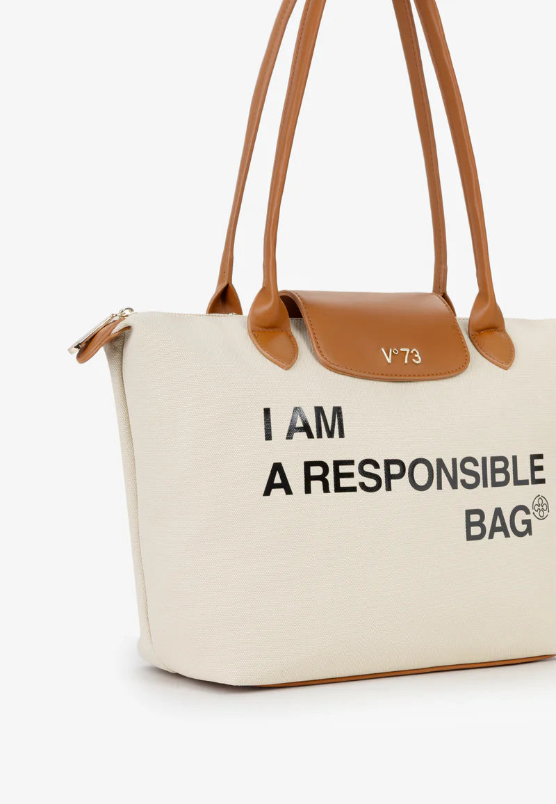 BOLSA BEGE COM MENSAGEM E DETALHES EM PELE CAMEL PONTO CHIC