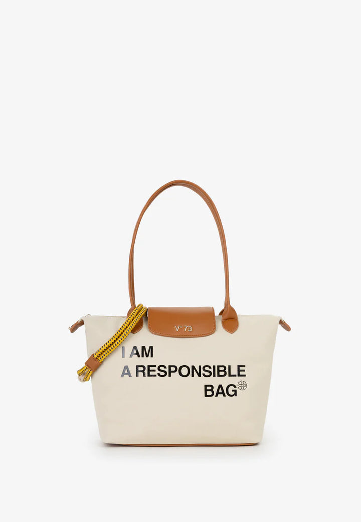BOLSA BEGE COM MENSAGEM E DETALHES EM PELE CAMEL PONTO CHIC