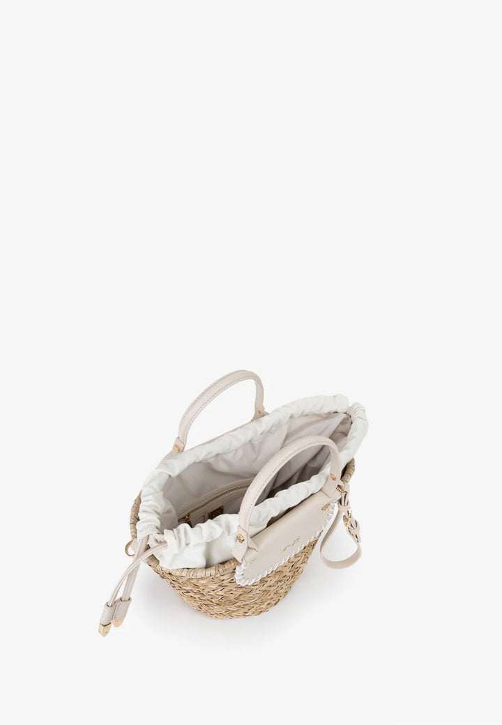 BOLSA CESTO EM PALHA COM DETALHES EM PELE BEGE PONTO CHIC