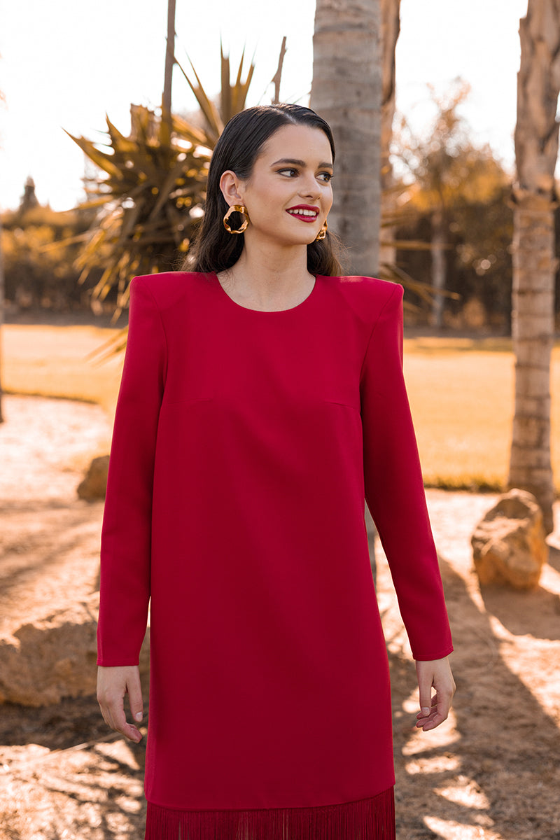 VESTIDO VERMELHO MIDI COM FRANJAS PONTO CHIC