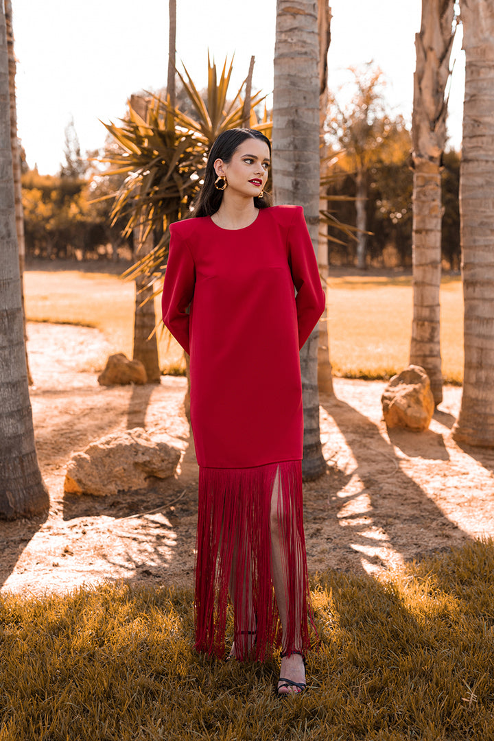 VESTIDO VERMELHO MIDI COM FRANJAS PONTO CHIC