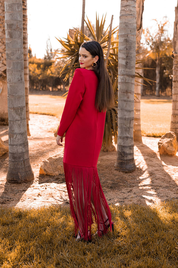 VESTIDO VERMELHO MIDI COM FRANJAS PONTO CHIC