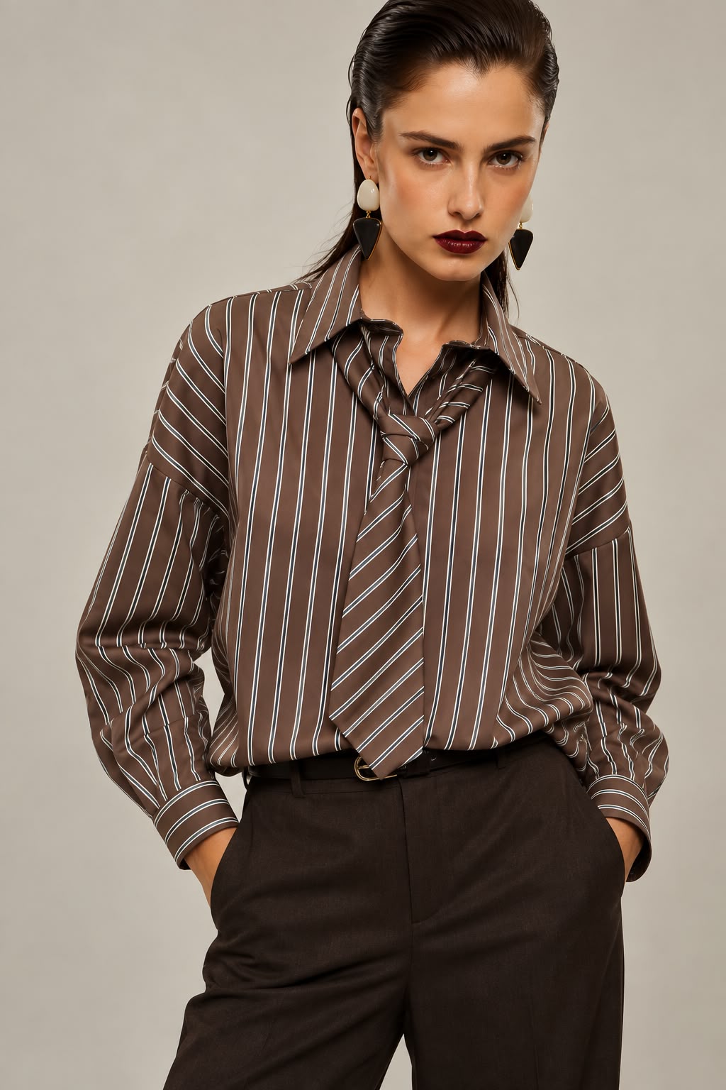 CAMISA CASTANHA ÀS RISCAS COM LENÇO ESTAMPADO IMPERIAL