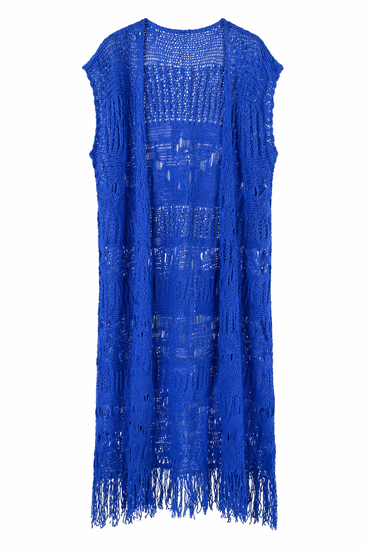 COLETE / KIMONO EM MALHA AZUL COM FRANJAS PONTO CHIC