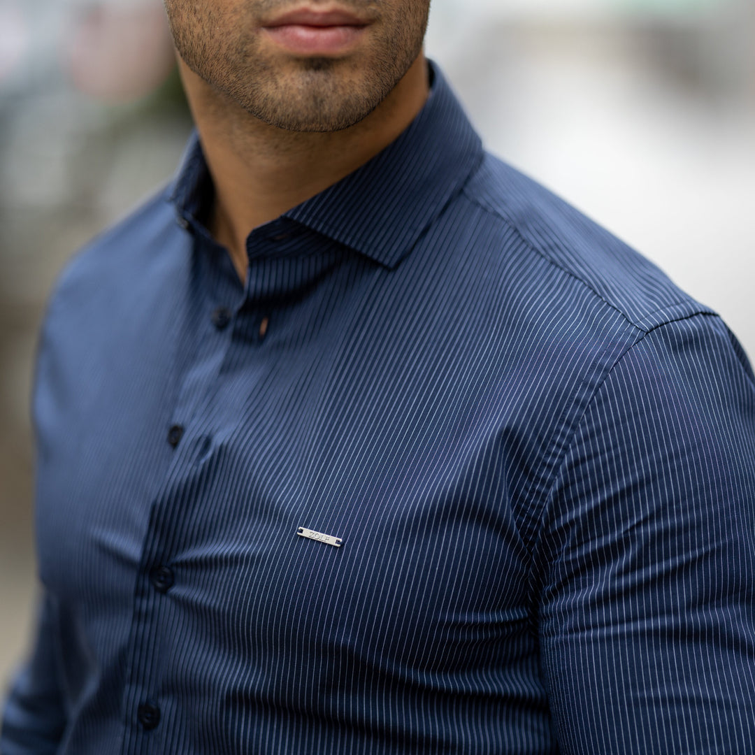 CAMISA GOLA ITALIANA AZUL COM RISCA SLIM FIT ZOLF