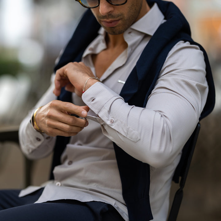 CAMISA GOLA ITALIANA BEGE COM RISCA SLIM FIT ZOLF