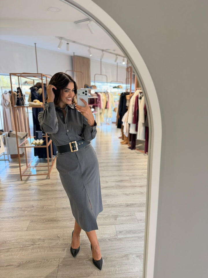 VESTIDO MIDI CINZENTO COM GOLA CAMISEIRO MISS YOU