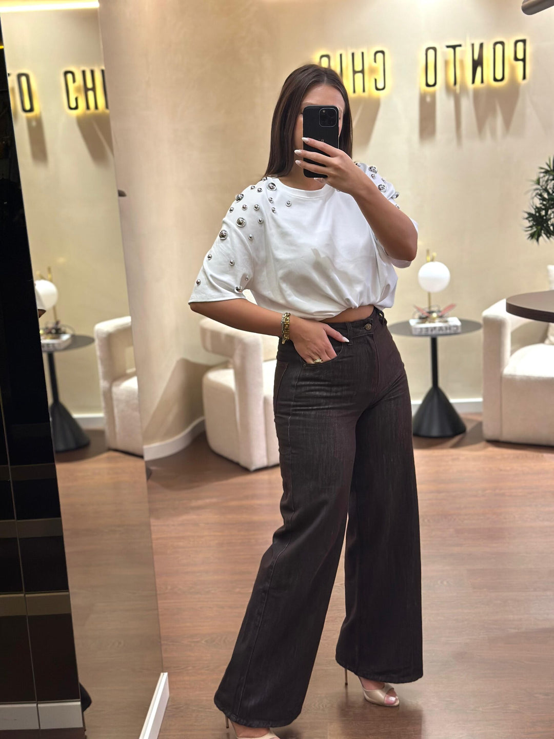 CALÇA WIDE LEG DENIM CASTANHO PONTO CHIC