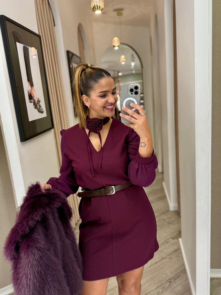 VESTIDO BORDÔ COM MANGAS TRANSPARENTES RINASCIMENTO