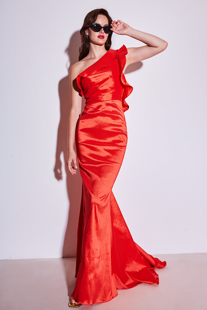 VESTIDO VERMELHO LONGO COM FOLHOS ASSIMÉTRICOS PONTO CHIC