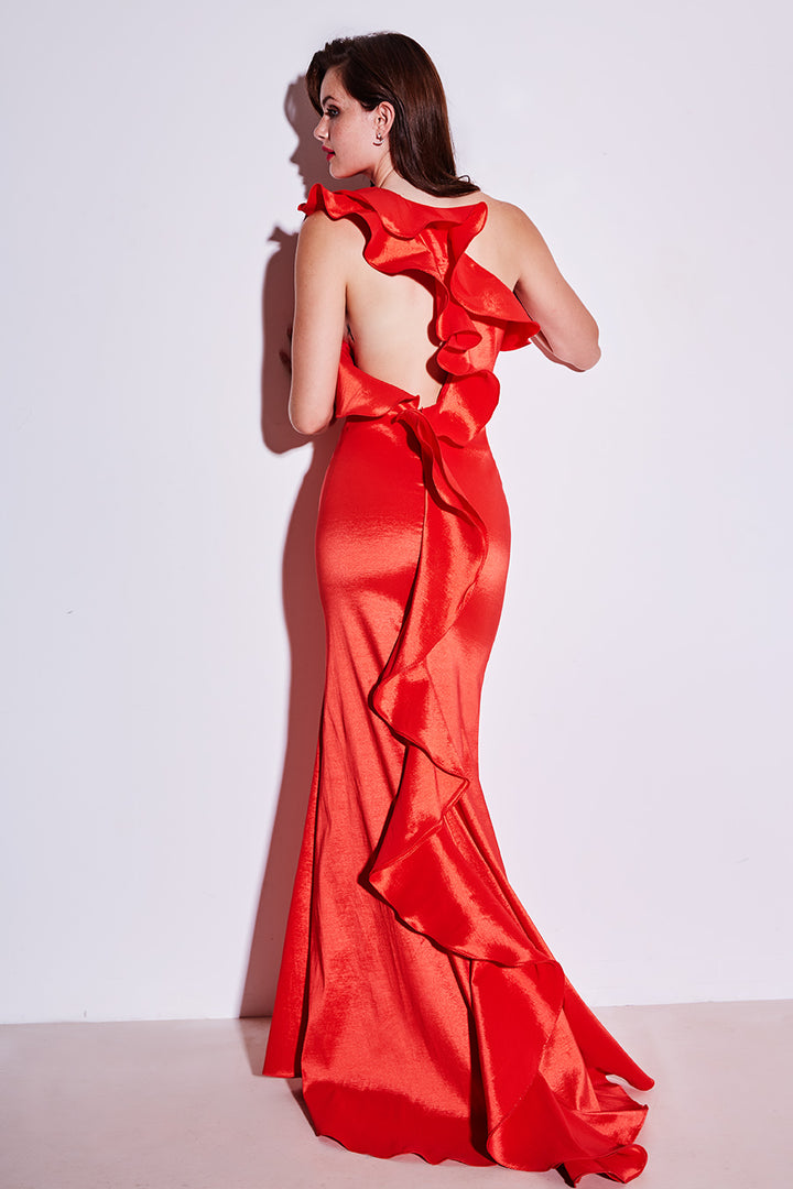 VESTIDO VERMELHO LONGO COM FOLHOS ASSIMÉTRICOS PONTO CHIC