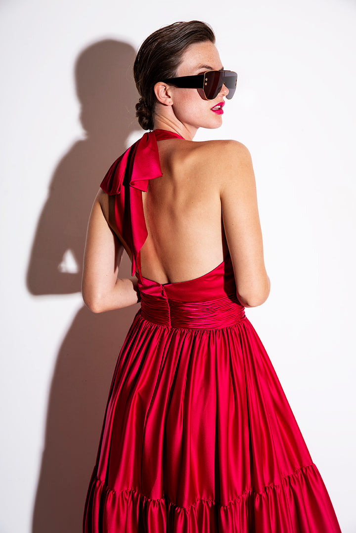 VESTIDO ROSA AURORA LONGO COM DECOTE HALTER PONTO CHIC