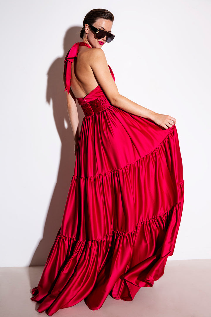 VESTIDO ROSA AURORA LONGO COM DECOTE HALTER PONTO CHIC